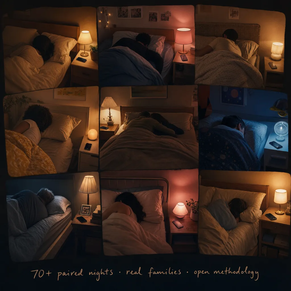 An at-home sleep validation setup on a wooden nightstand: an iPhone Pro and a Pixel taped with painter's tape recording sleep simultaneously, with PSG sensor cables and a digital alarm clock at 6:17 a.m. — the kind of paired-night test that produced our snore sensitivity and BRI agreement numbers.