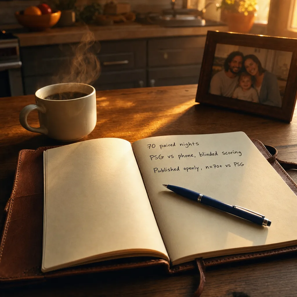 A handwritten notebook page reading '80 paired nights · PSG vs phone, blinded scoring · published openly,' a coffee cup beside it — the validation design behind SomniSense's accuracy numbers.