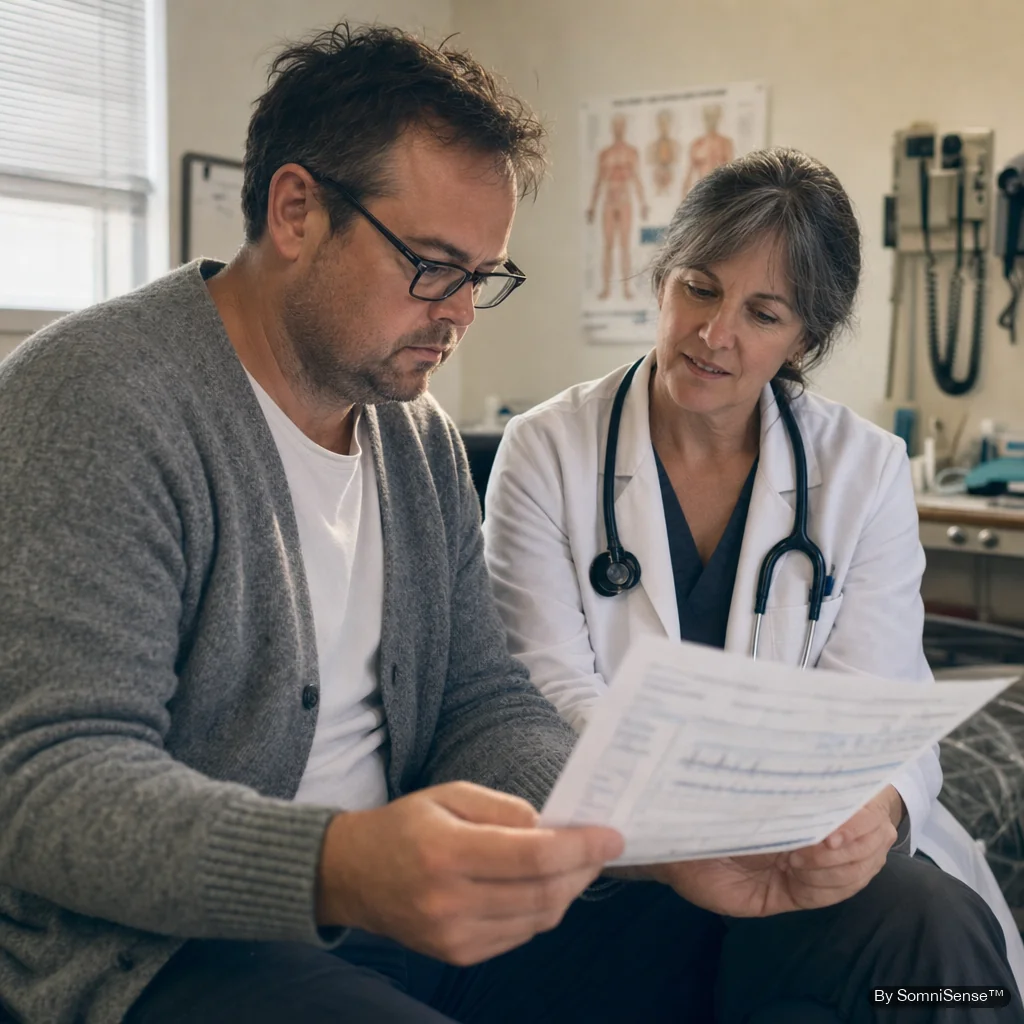The founder sitting beside a doctor in a clinic exam room, both leaning toward a printed sleep report. Soft natural and clinical light, anatomical poster blurred behind — what doctor-ready actually looks like in a 15-minute visit.