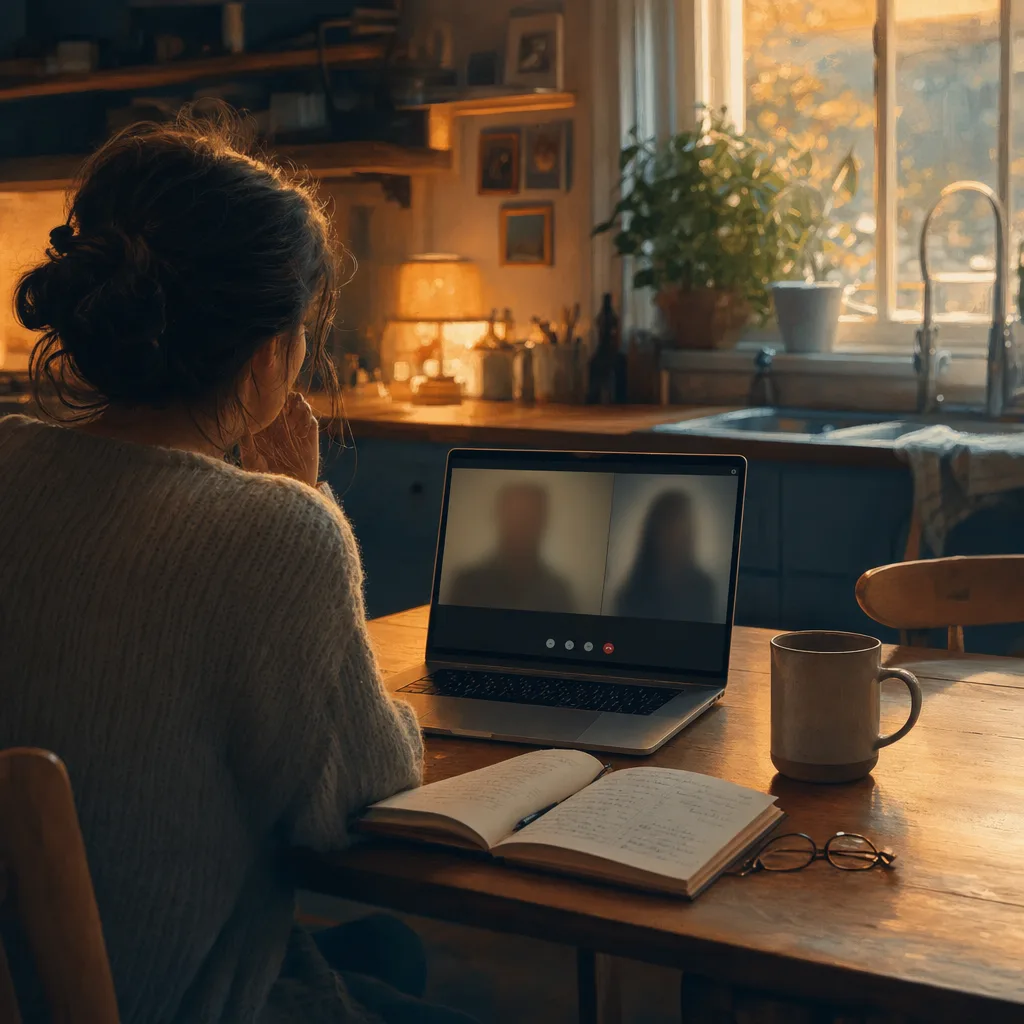 A laptop on a kitchen table at sunrise with a video-call window open, a coffee mug nearby — the founder office-hours moment when a Lab Member shares what worked.
