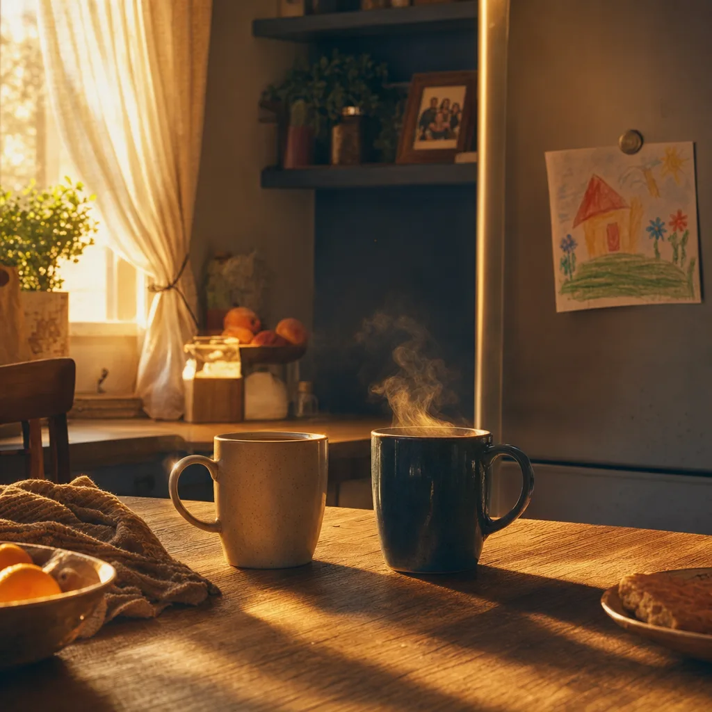 A father in a gray cardigan holding his young daughter on his hip in their kitchen, both quietly looking out the window at the morning light. Family photos on the fridge behind. Neither looks at the camera — just an ordinary moment in a household where everyone finally slept well.