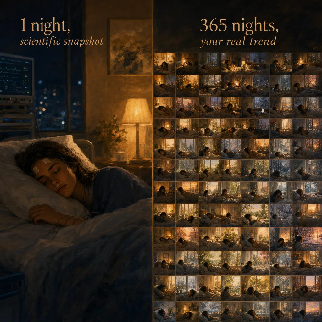 Left: one night in a clinical sleep lab. Right: 365 mornings in your own bedroom. Both have value, different scope.