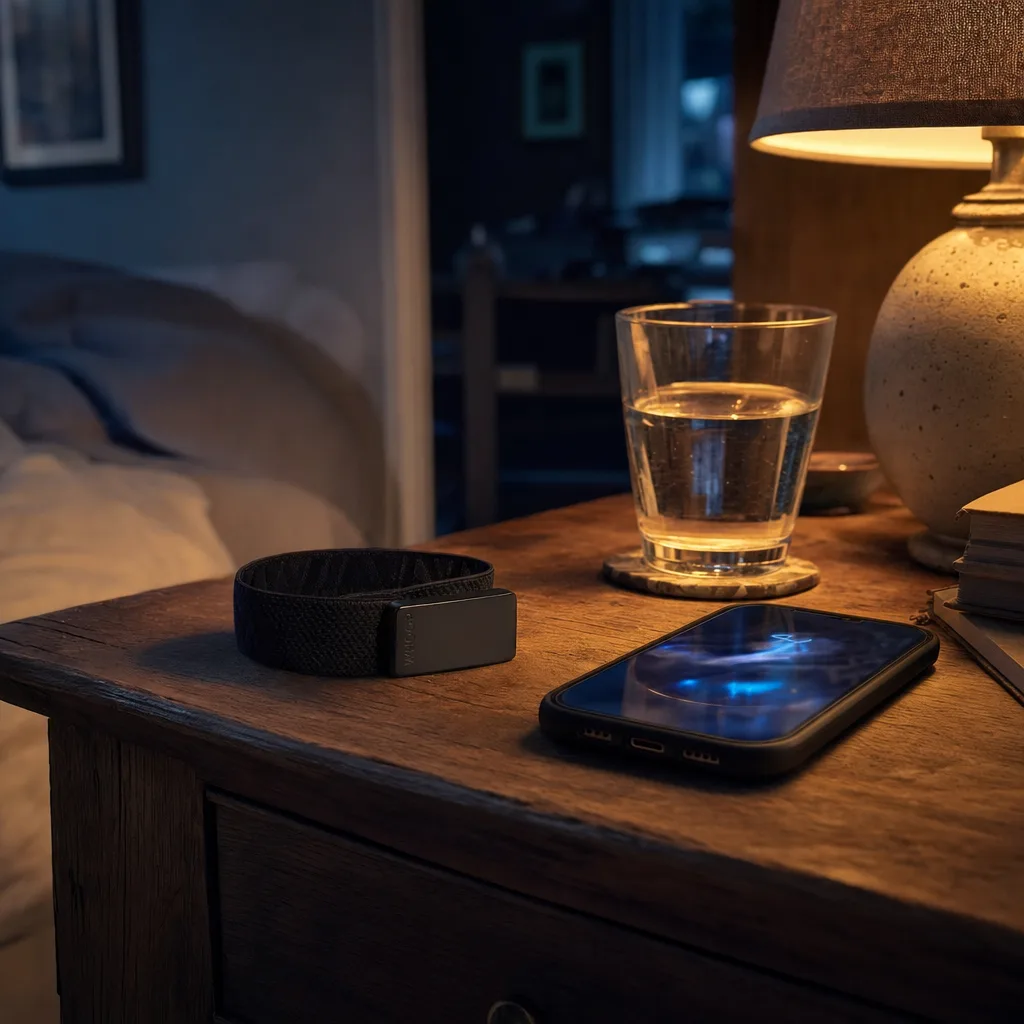 A Whoop strap and a smartphone resting side by side on a wooden nightstand at dusk — two devices doing different jobs in the same night.