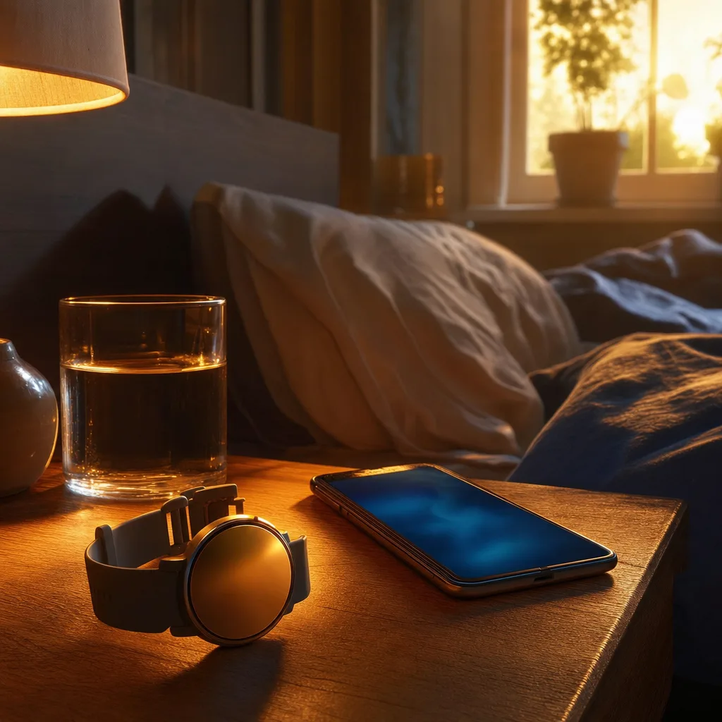 A round-faced smartwatch with a sport band and a smartphone side by side on a wooden nightstand at first light — two complementary readings of the same night.