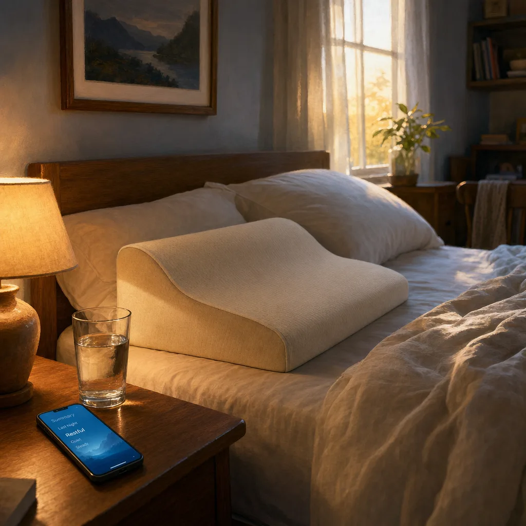 A contoured anti-snore pillow at the head of a made bed and a smartphone glowing softly on the nightstand at first light — the pillow you're deciding whether to keep.