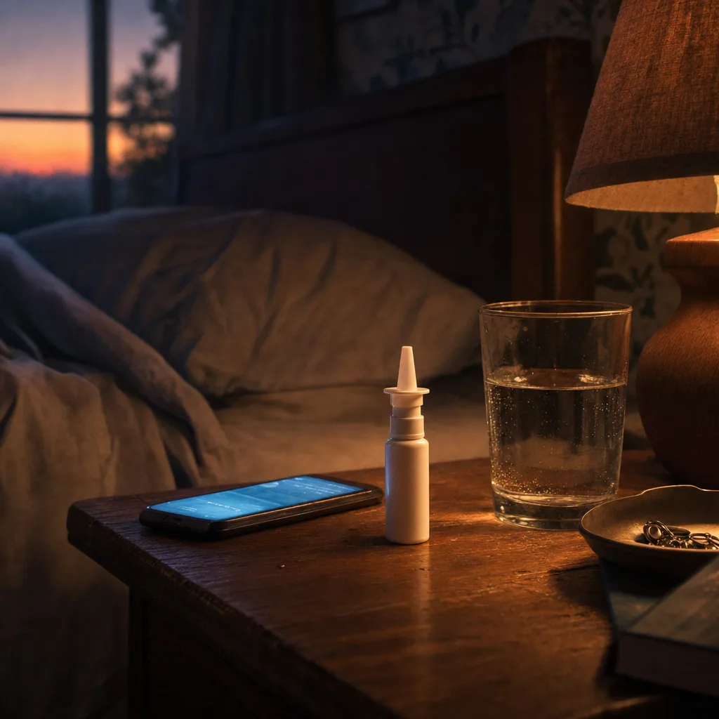 A small anti-snore nasal spray bottle beside a smartphone on a wooden nightstand at dusk — a promise about to be measured.